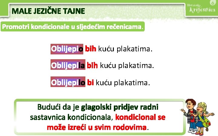 MALE JEZIČNE TAJNE Promotri kondicionale u sljedećim rečenicama. Oblijepio bih kuću plakatima. Oblijepila bih