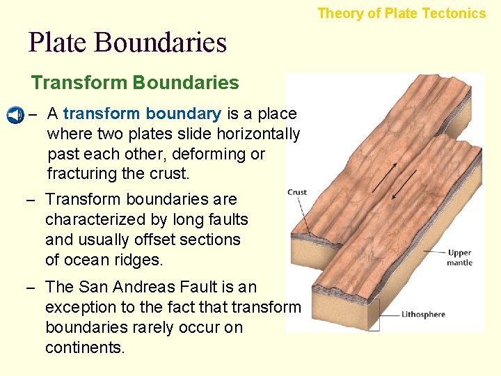 Theory of Plate Tectonics Plate Boundaries Transform Boundaries – A transform boundary is a