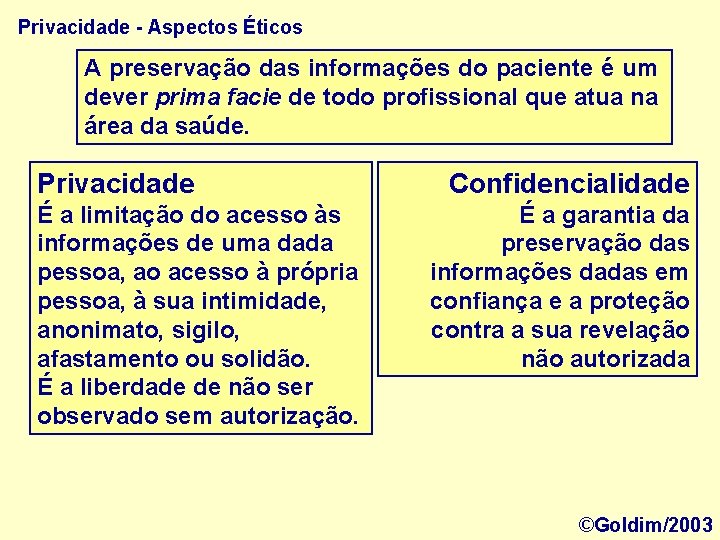 Privacidade - Aspectos Éticos A preservação das informações do paciente é um dever prima