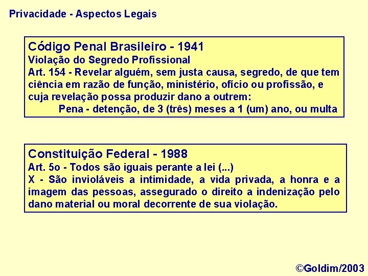 Privacidade - Aspectos Legais Código Penal Brasileiro - 1941 Violação do Segredo Profissional Art.