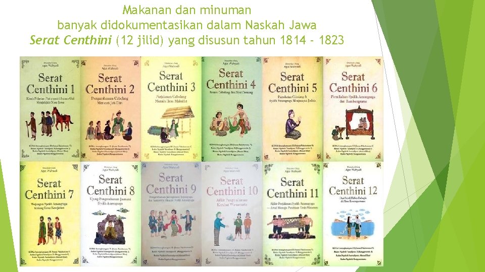 Makanan dan minuman banyak didokumentasikan dalam Naskah Jawa Serat Centhini (12 jilid) yang disusun Makanan dan minuman banyak didokumentasikan dalam Naskah Jawa Serat Centhini (12 jilid) yang disusun