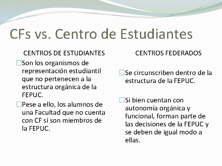 CFs vs. Centro de Estudiantes CENTROS DE ESTUDIANTES �Son los organismos de representación estudiantil