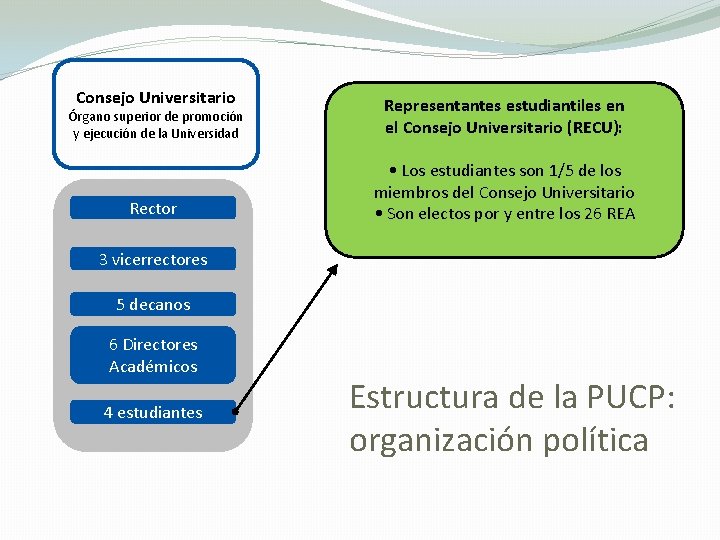 Consejo Universitario Órgano superior de promoción y ejecución de la Universidad Representantes estudiantiles en