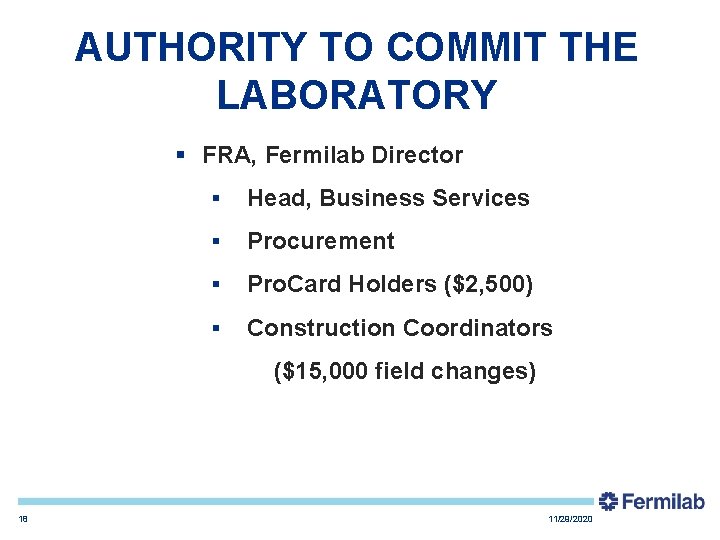 AUTHORITY TO COMMIT THE LABORATORY § FRA, Fermilab Director § Head, Business Services §