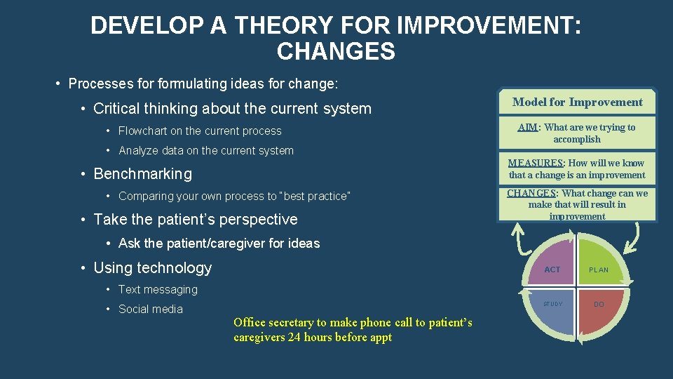 DEVELOP A THEORY FOR IMPROVEMENT: CHANGES • Processes formulating ideas for change: • Critical