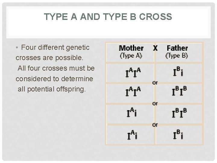 TYPE A AND TYPE B CROSS • Four different genetic crosses are possible. All