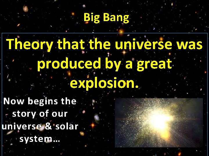 Big Bang Theory that the universe was produced by a great explosion. Now begins