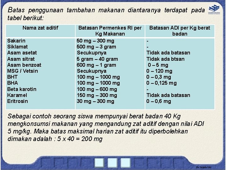 Batas penggunaan tambahan makanan diantaranya terdapat pada tabel berikut: Nama zat aditif Sakarin Siklamat