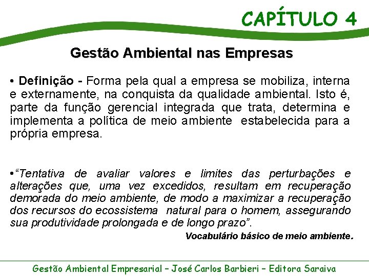 CAPÍTULO 4 Gestão Ambiental nas Empresas • Definição - Forma pela qual a empresa