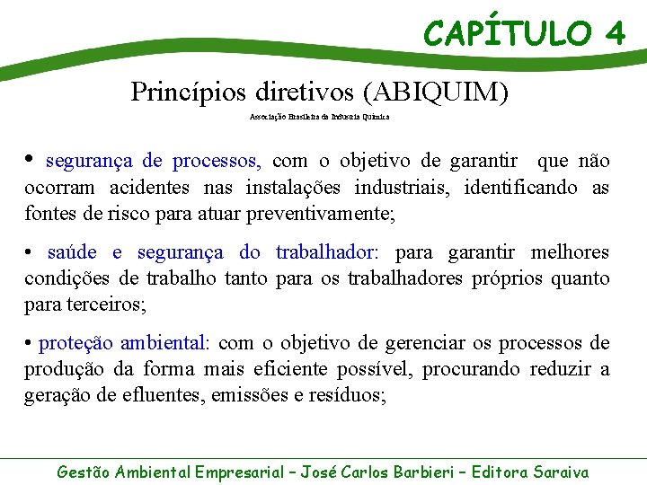 CAPÍTULO 4 Princípios diretivos (ABIQUIM) Associação Brasileira da Industria Química • segurança de processos,