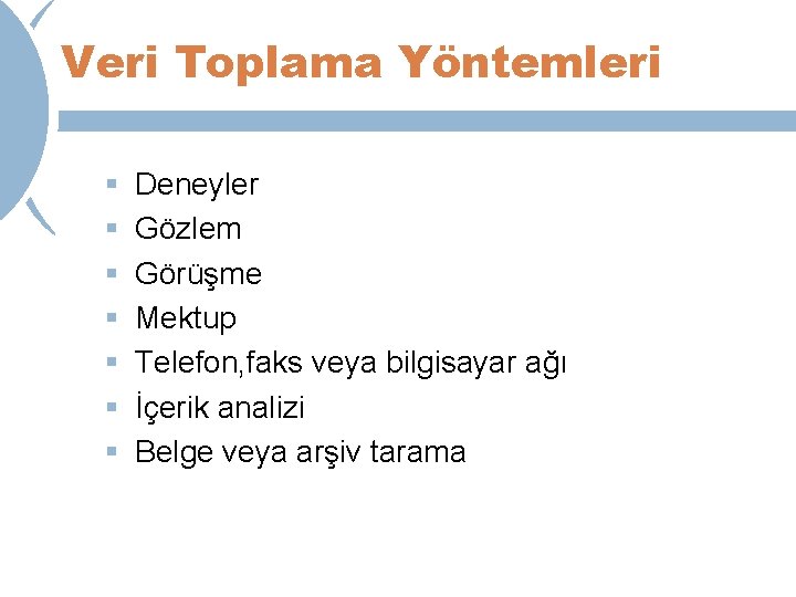 Veri Toplama Yöntemleri § Deneyler § Gözlem § Görüşme § Mektup § Telefon, faks