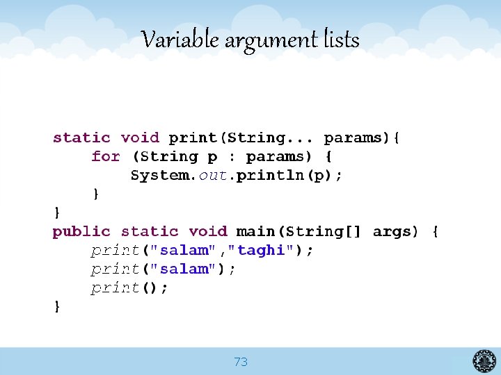 Variable argument lists 73 