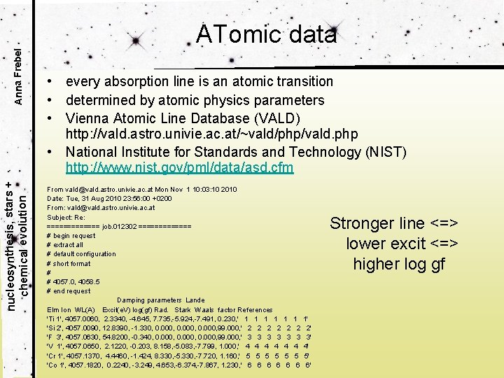 Anna Frebel nucleosynthesis, stars + chemical evolution ATomic data • every absorption line is