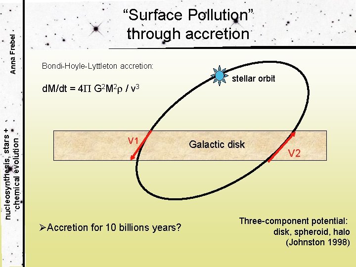 Anna Frebel “Surface Pollution” through accretion Bondi-Hoyle-Lyttleton accretion: nucleosynthesis, stars + chemical evolution d.