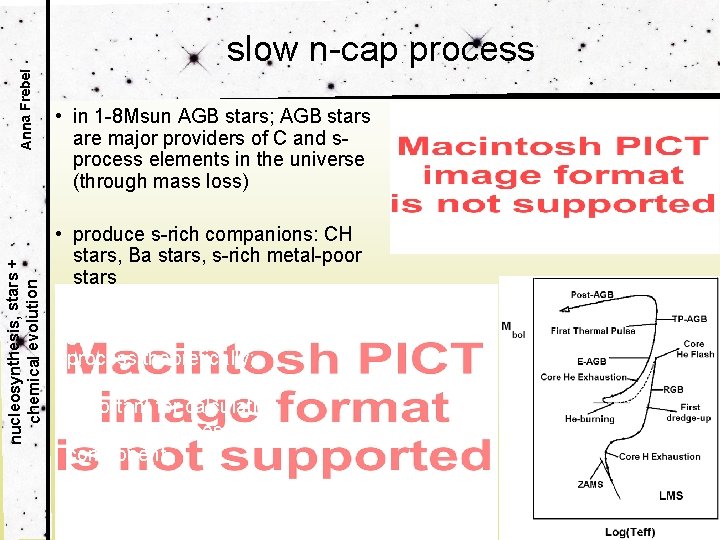 Anna Frebel nucleosynthesis, stars + chemical evolution slow n-cap process • in 1 -8