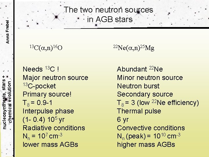 Anna Frebel The two neutron sources in AGB stars nucleosynthesis, stars + chemical evolution