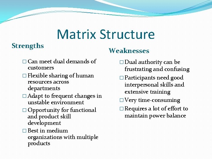 Strengths Matrix Structure � Can meet dual demands of customers � Flexible sharing of