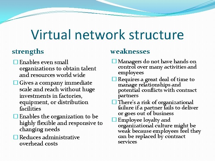 Virtual network structure strengths weaknesses � Enables even small organizations to obtain talent and