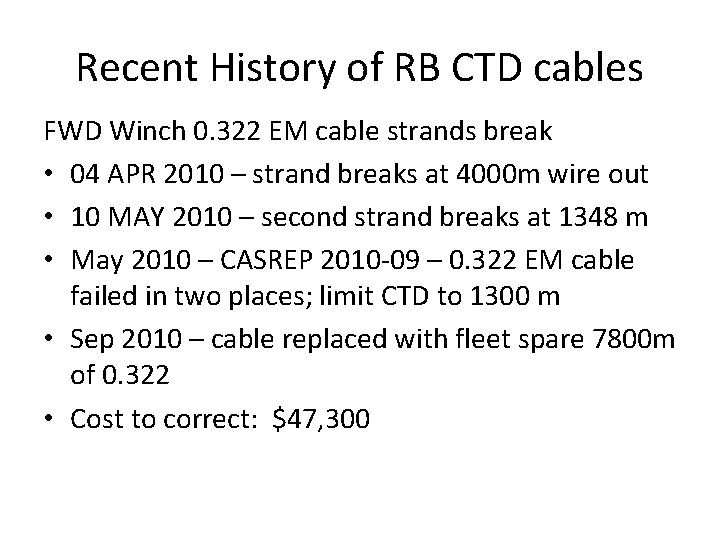 Recent History of RB CTD cables FWD Winch 0. 322 EM cable strands break