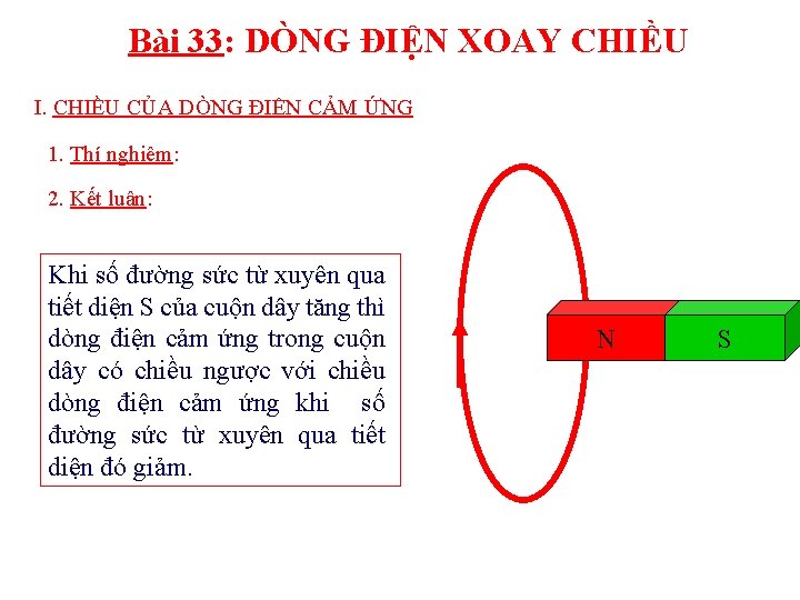 Bài 33: DÒNG ĐIỆN XOAY CHIỀU I. CHIỀU CỦA DÒNG ĐIỆN CẢM ỨNG 1.