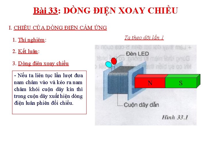 Bài 33: DÒNG ĐIỆN XOAY CHIỀU I. CHIỀU CỦA DÒNG ĐIỆN CẢM ỨNG 1.