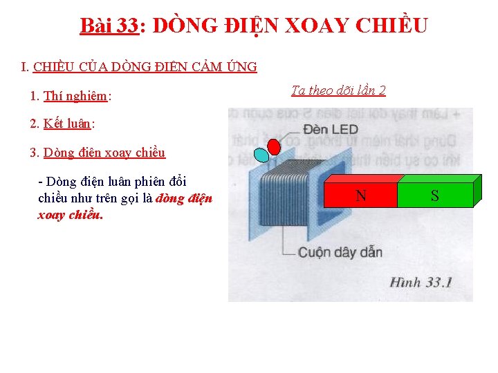 Bài 33: DÒNG ĐIỆN XOAY CHIỀU I. CHIỀU CỦA DÒNG ĐIỆN CẢM ỨNG 1.