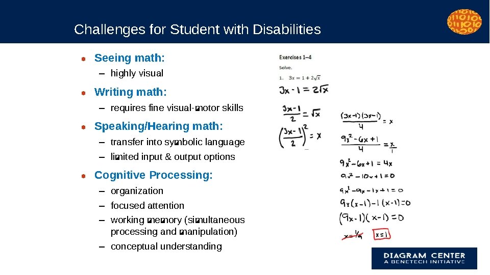 Challenges for Student with Disabilities ● Seeing math: – highly visual ● Writing math: