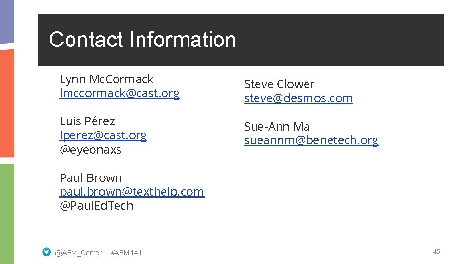 Contact Information Lynn Mc. Cormack lmccormack@cast. org Steve Clower steve@desmos. com Luis Pérez lperez@cast.