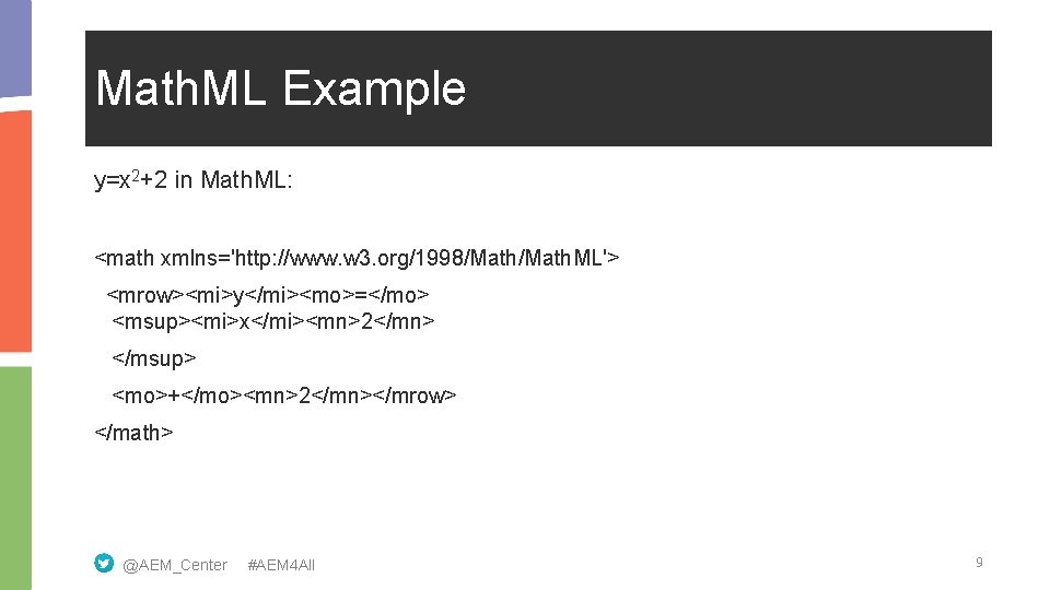 Math. ML Example y=x 2+2 in Math. ML: <math xmlns='http: //www. w 3. org/1998/Math.