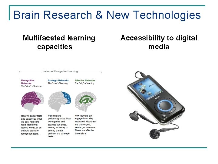 Brain Research & New Technologies Multifaceted learning capacities Accessibility to digital media 