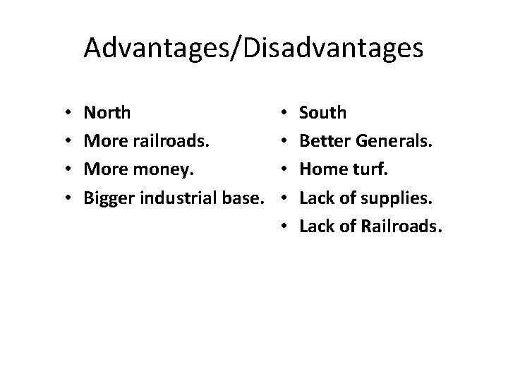 Advantages/Disadvantages • • North More railroads. More money. Bigger industrial base. • • •