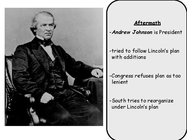 Aftermath -Andrew Johnson is President -tried to follow Lincoln’s plan with additions -Congress refuses