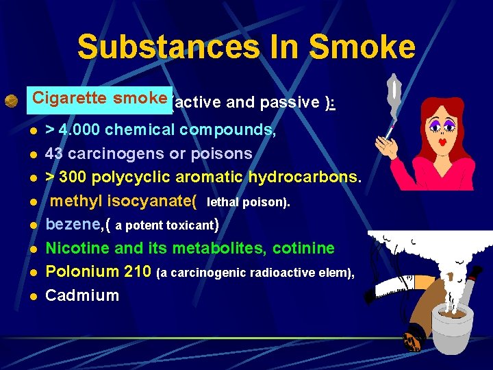 Substances In Smoke Cigarette smoke (active and passive ): l l l l >