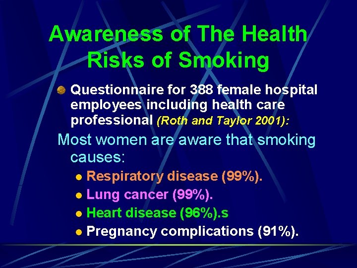 Awareness of The Health Risks of Smoking Questionnaire for 388 female hospital employees including