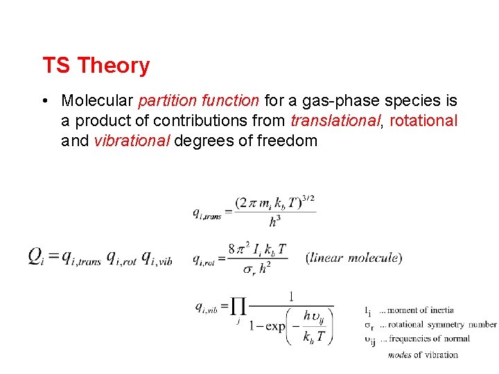 TS Theory • Molecular partition function for a gas-phase species is a product of