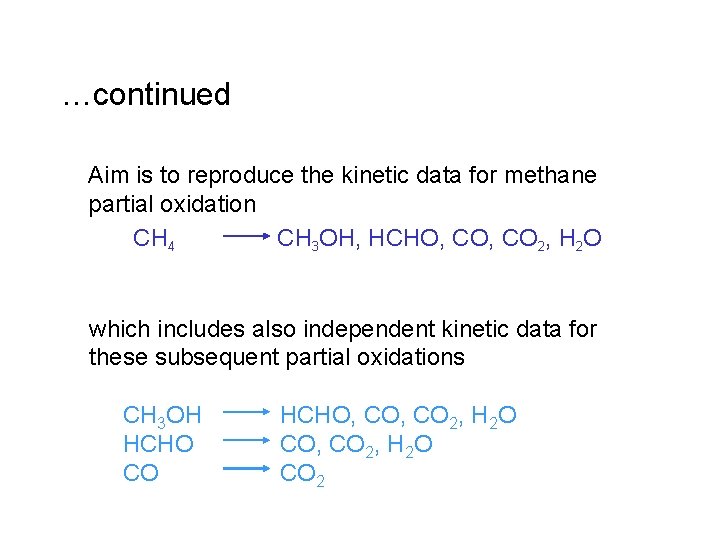 …continued Aim is to reproduce the kinetic data for methane partial oxidation CH 4