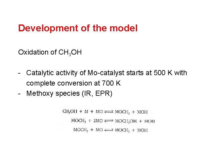 Development of the model Oxidation of CH 3 OH - Catalytic activity of Mo-catalyst