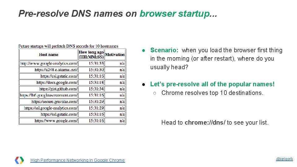 Pre-resolve DNS names on browser startup. . . ● Scenario: when you load the