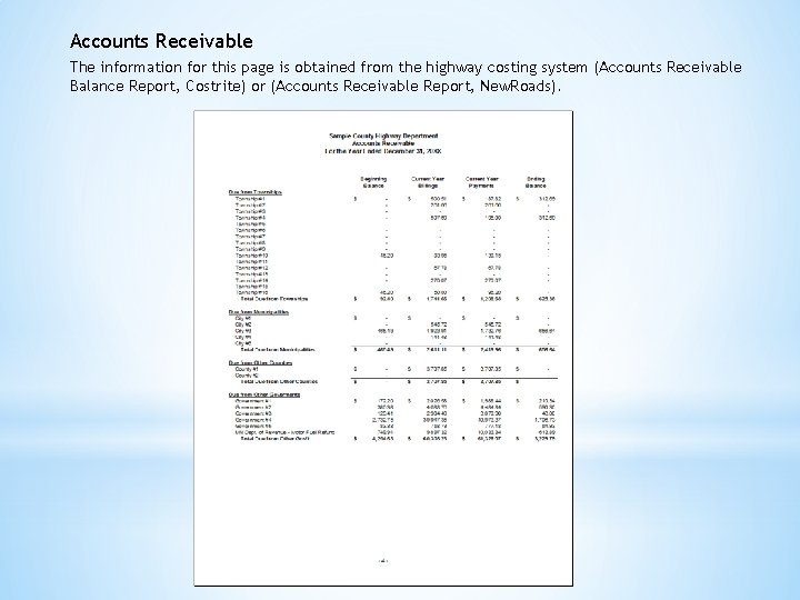 Accounts Receivable The information for this page is obtained from the highway costing system