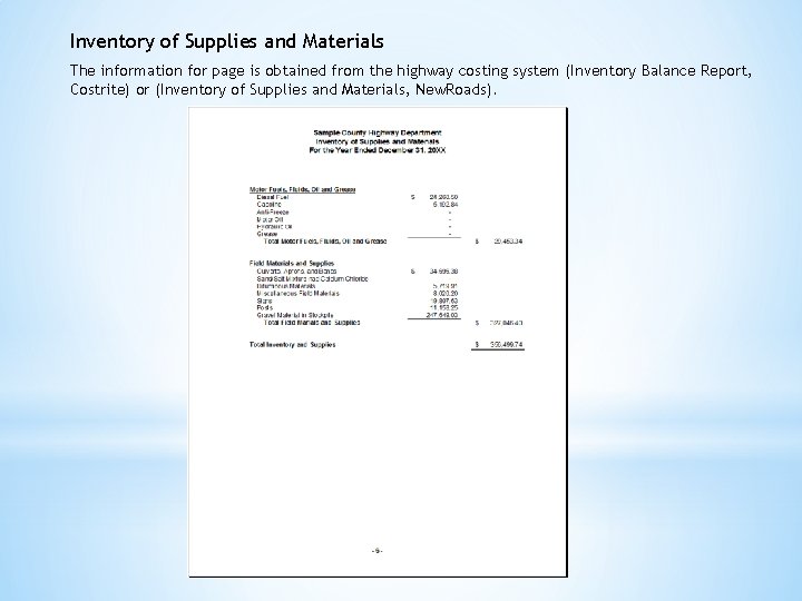 Inventory of Supplies and Materials The information for page is obtained from the highway