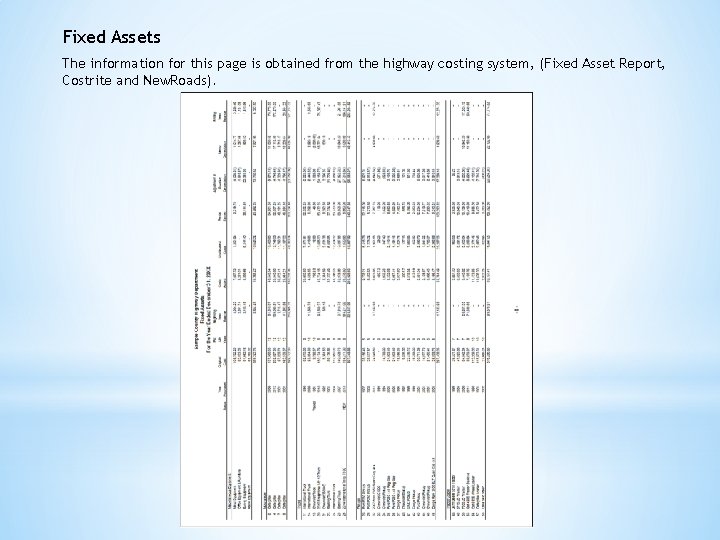 Fixed Assets The information for this page is obtained from the highway costing system,