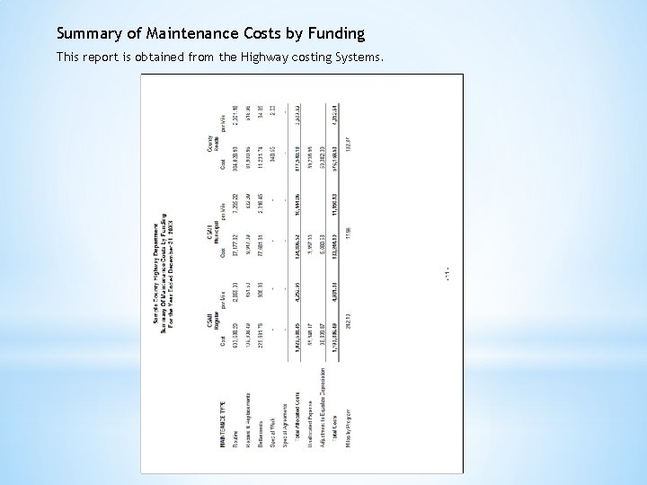 Summary of Maintenance Costs by Funding This report is obtained from the Highway costing