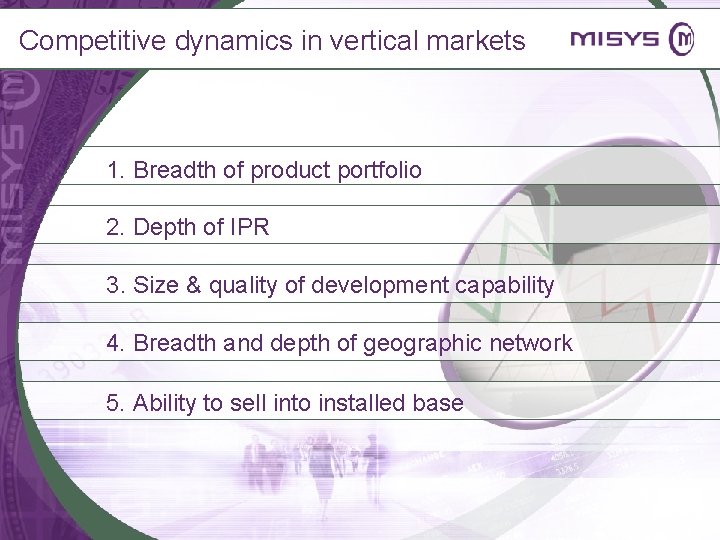 Competitive dynamics in vertical markets 1. Breadth of product portfolio 2. Depth of IPR