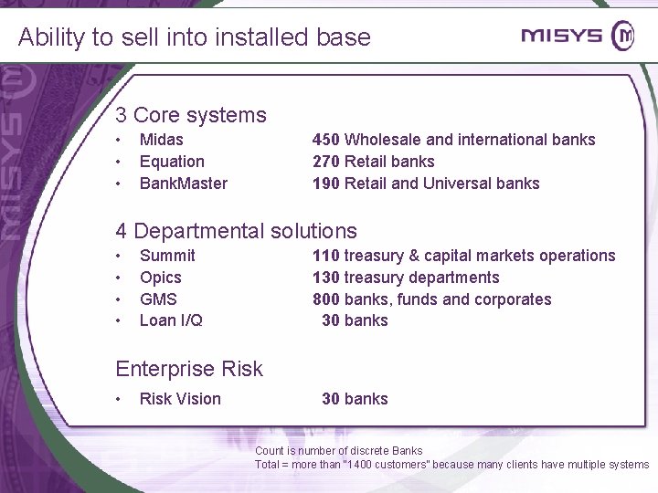 Ability to sell into installed base 3 Core systems • • • Midas Equation