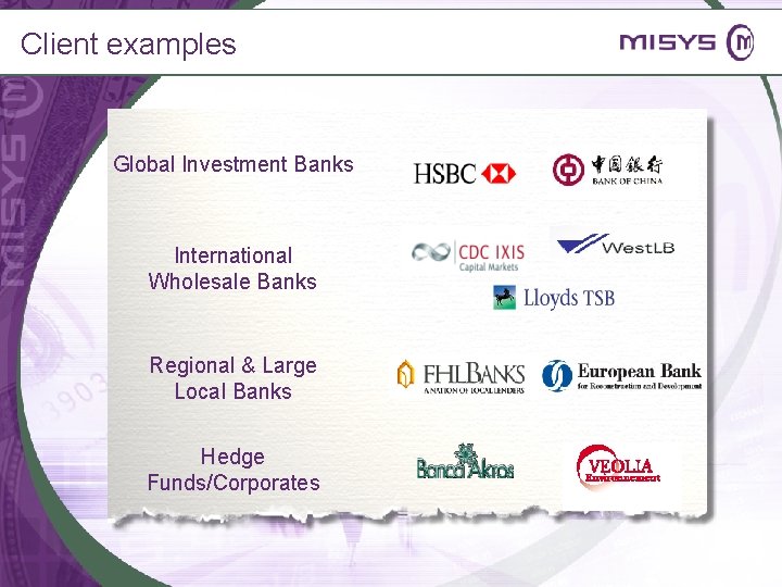 Client examples Global Investment Banks International Wholesale Banks Regional & Large Local Banks Hedge