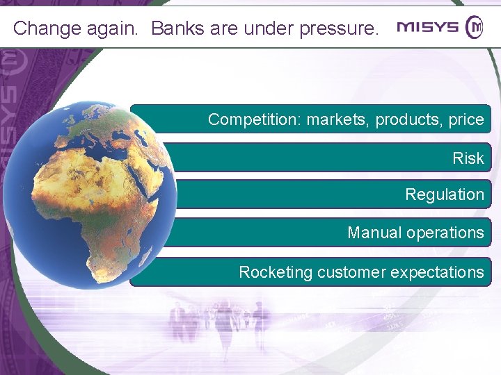 Change again. Banks are under pressure. Competition: markets, products, price Risk Regulation Manual operations