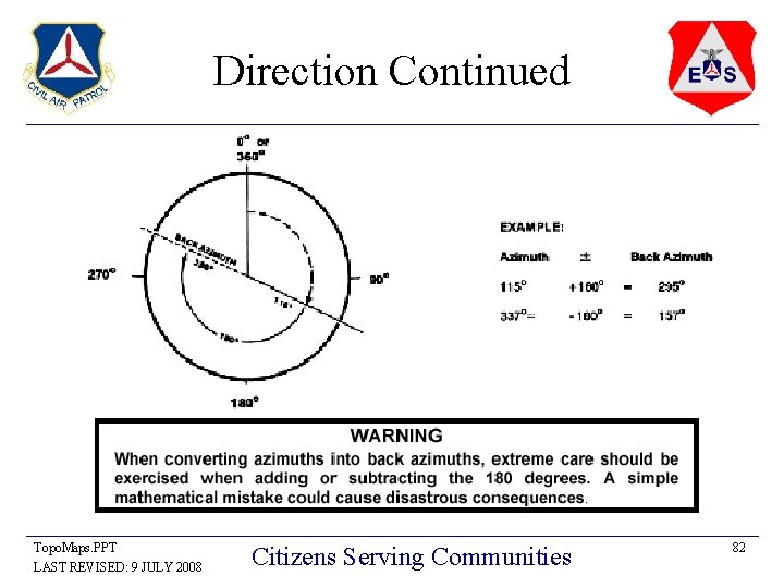 Direction Continued Topo. Maps. PPT LAST REVISED: 9 JULY 2008 Citizens Serving Communities 82