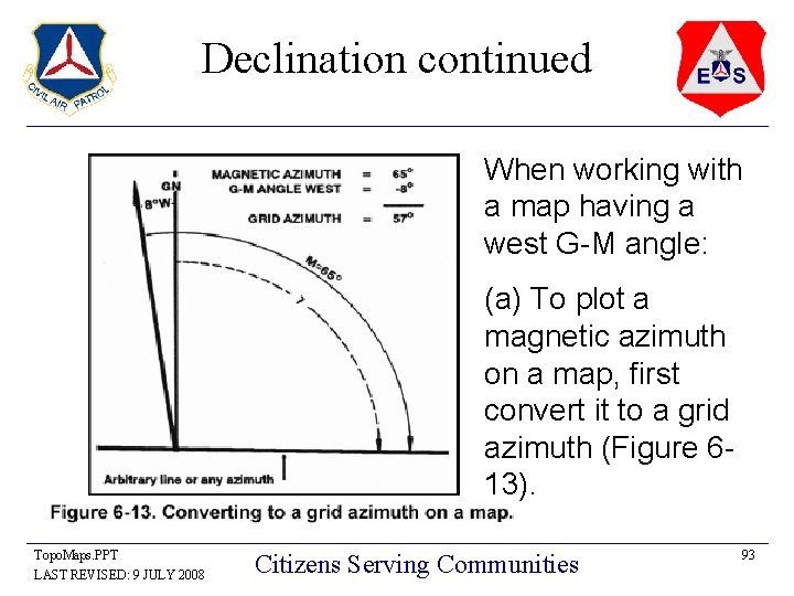 Declination continued When working with a map having a west G-M angle: (a) To