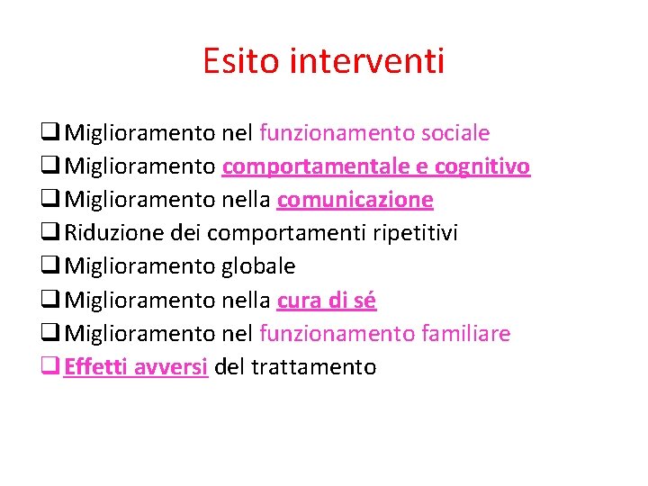 Esito interventi Miglioramento nel funzionamento sociale Miglioramento comportamentale e cognitivo Miglioramento nella comunicazione Riduzione