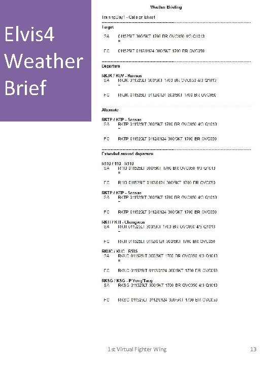 Elvis 4 Weather Brief 1 st Virtual Fighter Wing 13 